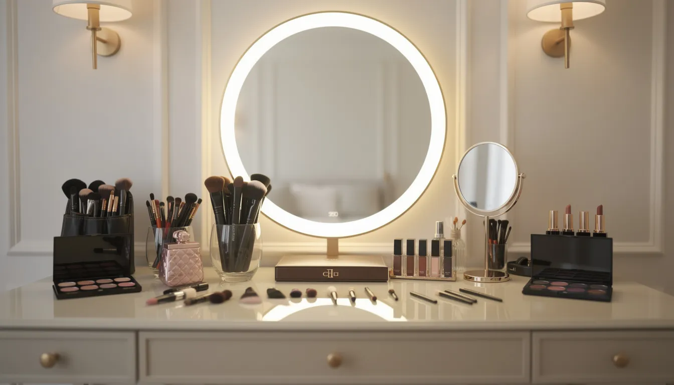 The image features an elegant vanity table adorned with professional makeup brushes and mirrors, illuminated by soft lighting that creates a glamorous atmosphere. This setup evokes a sense of beauty and sophistication, perfect for trans creators and performers showcasing their engaging content.