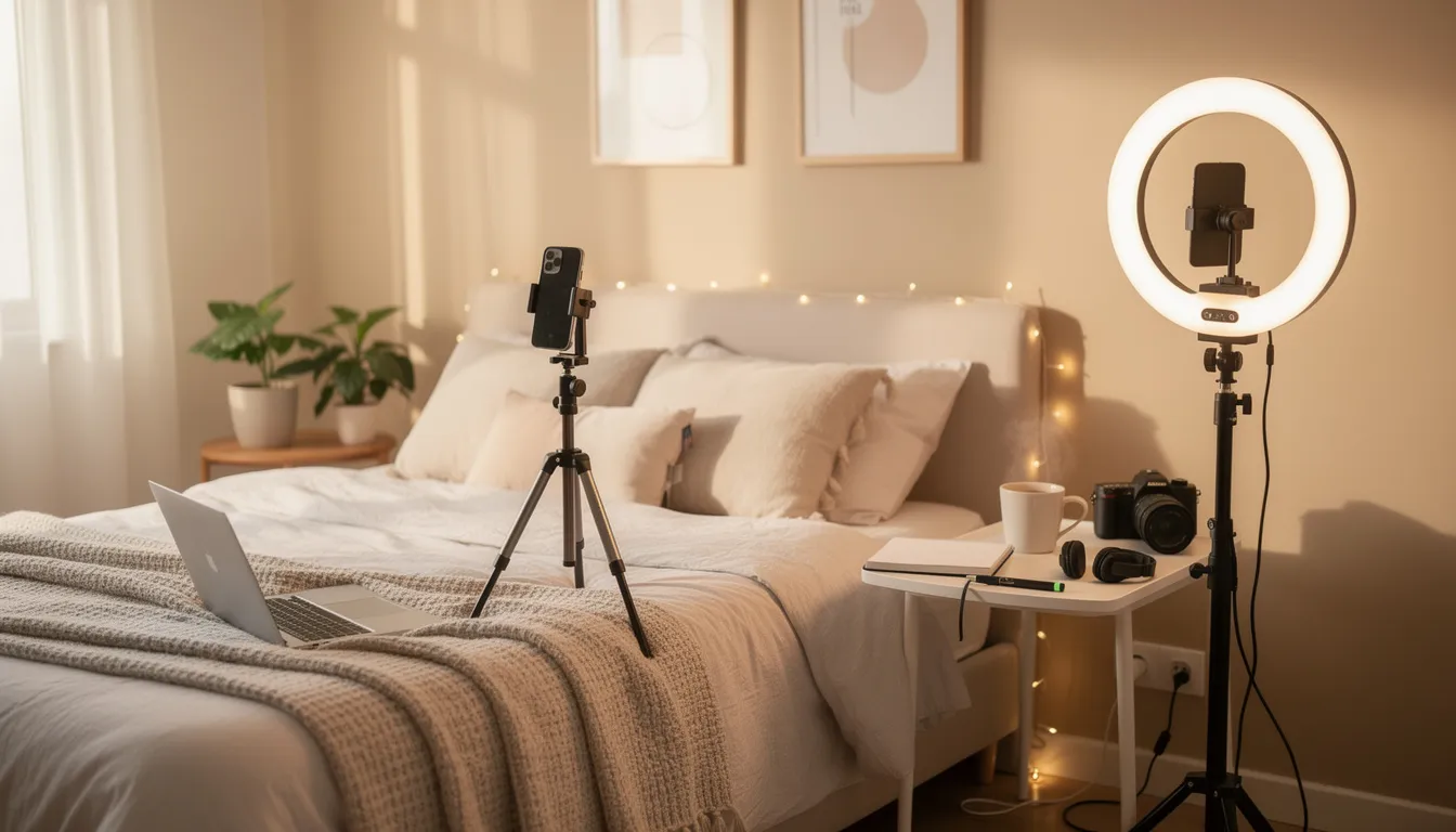The image depicts a cozy bedroom workspace of a content creator, featuring a ring light and a phone tripod, surrounded by decorative elements that create an inviting atmosphere. This setup is ideal for trans creators, allowing them to produce engaging content for their fans, including custom videos and live streams.