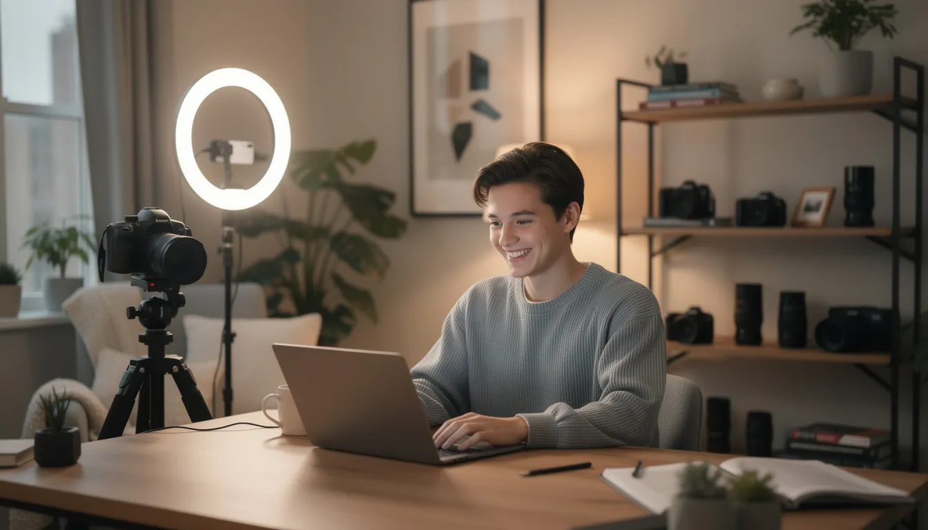 A smiling trans woman is working on her laptop in a cozy, well-lit room filled with creative elements like ring lights and cameras, creating engaging content for her fans on platforms like OnlyFans. The atmosphere reflects a personal connection to her work, showcasing her dedication to the trans creator community.