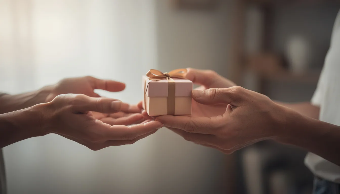 The image depicts two hands gently exchanging a small gift, symbolizing respectful appreciation and support within the trans community. This gesture highlights the importance of personal connections and genuine interactions among trans creators and their supporters.