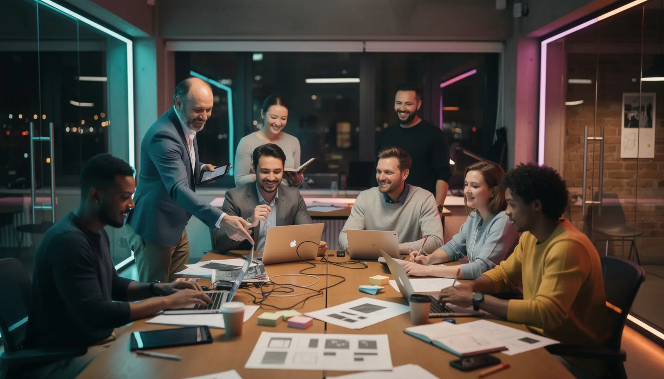 A diverse group of confident creative professionals, including a bold black trans queen, collaborates in a modern workspace illuminated by colorful lighting. The atmosphere reflects a youthful energy and genuine connections among trans creators, showcasing their engaging content and personal touch.