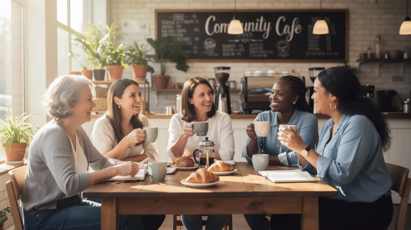 A group of diverse women, including a trans girl, are enjoying coffee together at a vibrant community cafe, sharing laughs and engaging in conversation. The scene captures a beautiful moment of connection and support within the trans community.