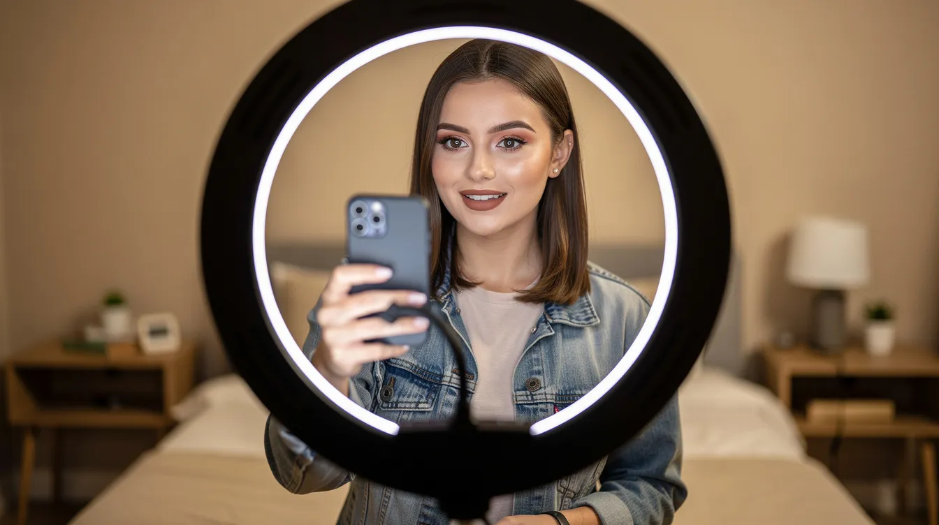 A young trans woman is filming a video on her phone, illuminated by a bright ring light, capturing a moment of beauty and creativity. She appears engaged and focused, likely creating exclusive content for her fans in the trans community.