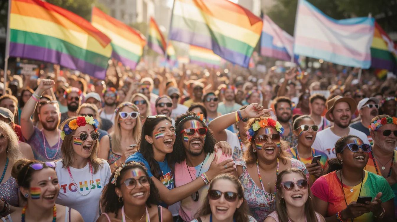 The image depicts a vibrant and diverse crowd at a pride celebration, with individuals holding rainbow flags and dressed in colorful, expressive clothing. This gathering showcases the unity and celebration of the LGBTQ+ community, including many trans people and allies advocating for trans rights and gender identity.