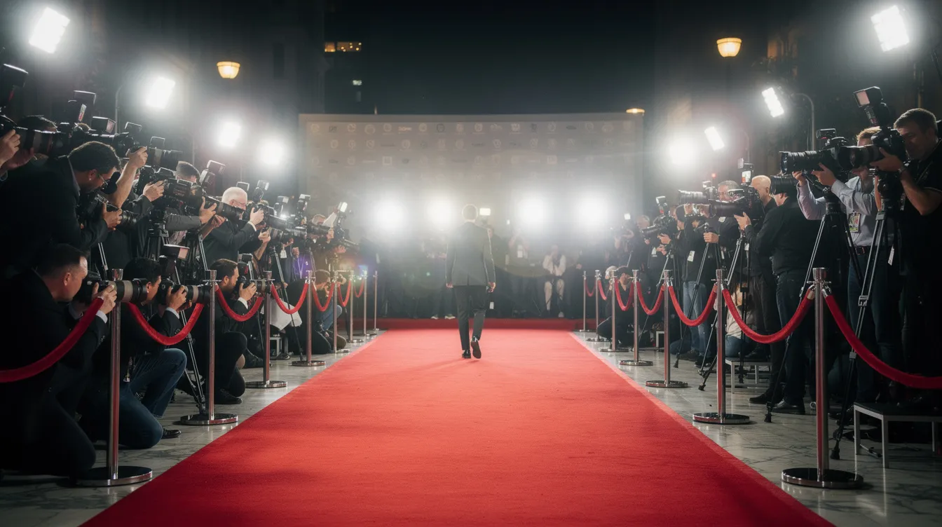 The image depicts a vibrant red carpet event bustling with photographers and bright lights, capturing the glamour and excitement of the occasion. This scene could be a celebration of influential figures within the transgender community, highlighting openly transgender individuals and their contributions to the arts and social advocacy.