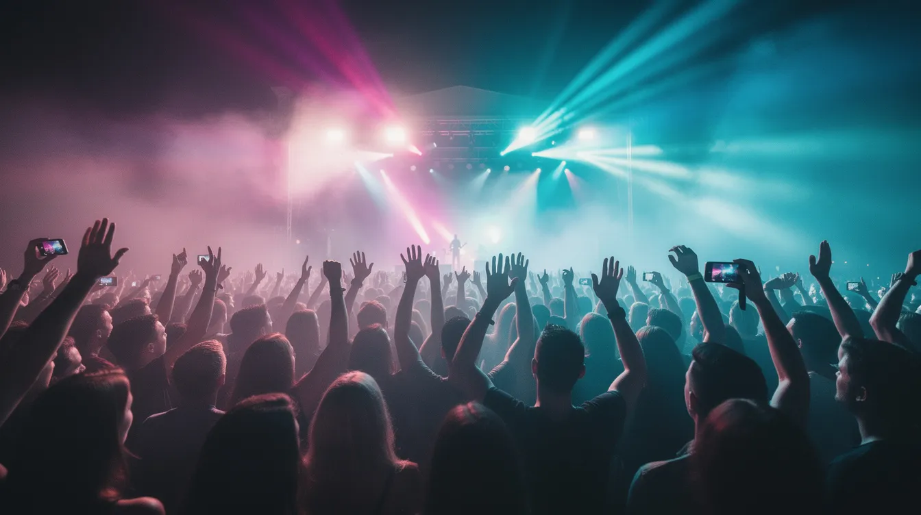 The image depicts a vibrant concert crowd with enthusiastic fans raising their hands, illuminated by colorful stage lighting that creates a lively atmosphere. This scene captures the energy of a performance, celebrating the music and the diverse identities within the transgender community.