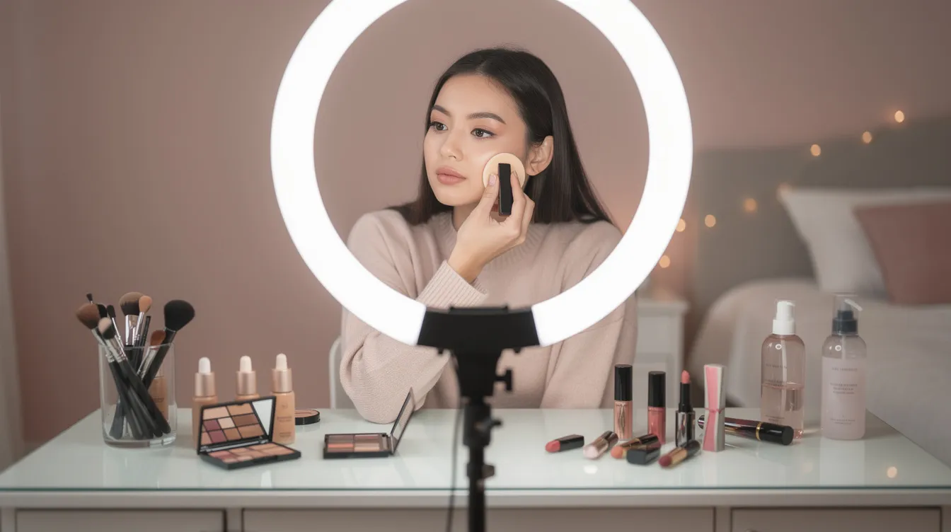 The image shows a trans woman applying makeup in front of a bright ring light, surrounded by various beauty products neatly arranged on a table. The scene captures the essence of self-expression and personal grooming within the transgender community.